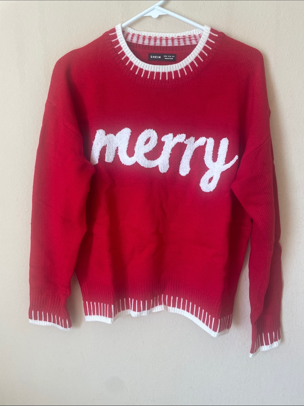 SHEIN Red and White 'Merry' Crewneck Holiday Sweater